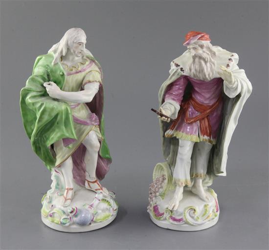 A matched pair of Derby figures of St. Philip and probably St James the Great, c.1758-60, h. 24.5cm and 25cm, restoration to St. Philip